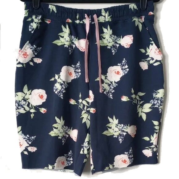 NWOT Lularoe Athletic Shorts M/L Blue Floral Raw Hem Pockets - Picture 1 of 8